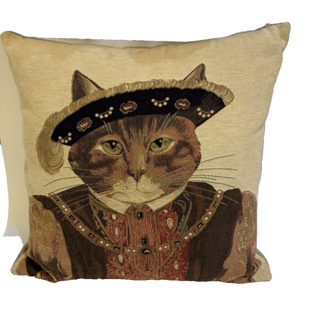 Jacquard Woven Throw Pillow Susan Herbert Cat A 15x15 in Belgian Made Home Decor